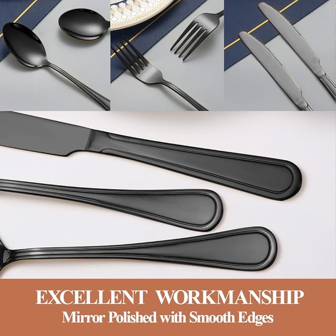 40 Pcs Black Silverware Set for 8 with Simple Striped Handle Design, Food Grade Stainless Steel Flatware Set, Eating Utensils Sets Include Fork/Knife/Spoon, Cutlery Set, Dishwasher Safe-Ruum Studio Home
