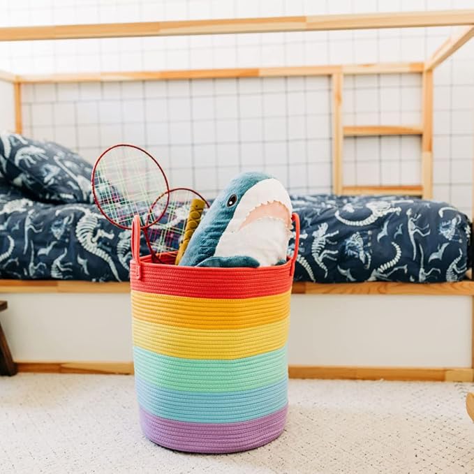 OrganiHaus Tall Rainbow Rope Blanket Basket for Living Room Decor, Cute Woven Baby Laundry Basket, Baby Nursery Hampers for Toys, Kids Laundry Hamper for Dirty Clothes, Decor for Kids Classroom-Ruum Studio Home