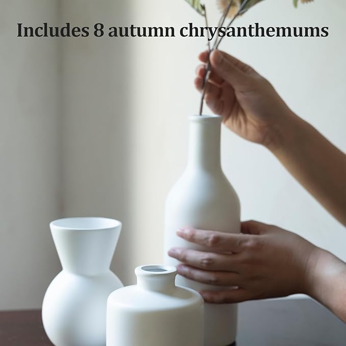 Fake Flowers in Vase for Centerpieces, Faux Flowers in Modern Ceramic Vase Set of 3 with 8 Artificial Autumn Chrysanthemums Home Decor-Ruum Studio Home
