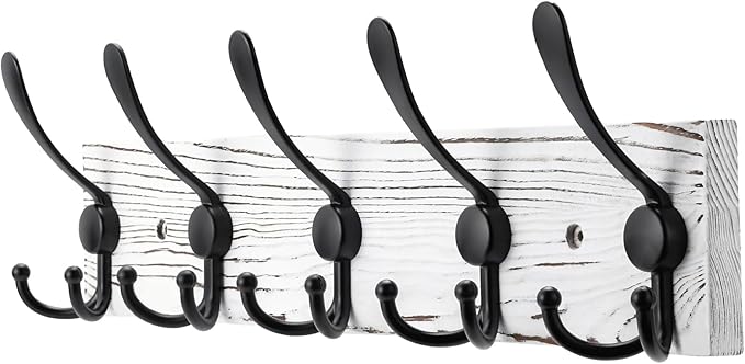 Coat Rack Wall Mount Wooden Hat Rack for Wall Hooks Pine Real Wood Plank 16.9" White Coat Hanger with 5 Black Triple Hooks for Hanging Coat Hat Jacket-Ruum Studio Home