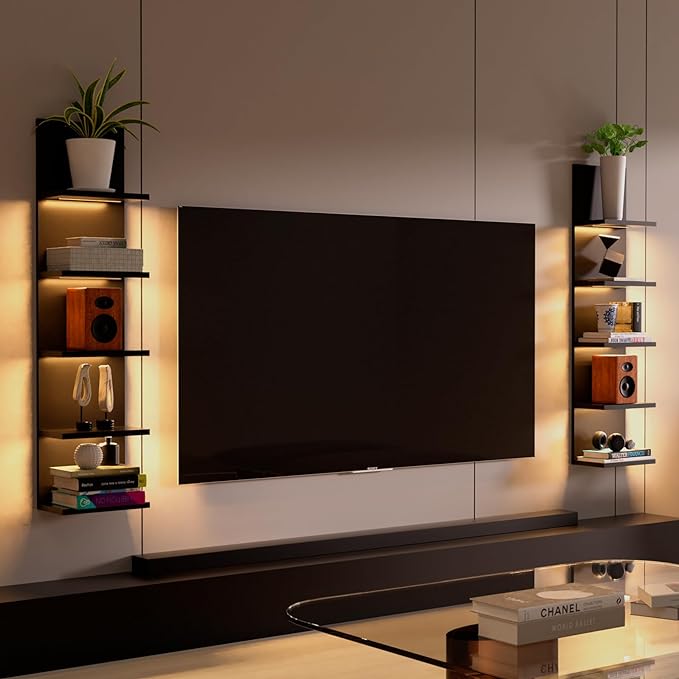 5 Tier Wall Shelf Unit, Black Modern Vertical Lack Wall Shelves with Light, Wall Mount, Floating Column Home Decor Shelves for Bedroom, Living Room, Vanity Storage Display-Ruum Studio Home