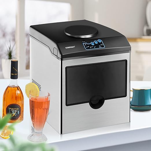 COSTWAY 2 in 1 Countertop Ice Maker Built-in Water Dispenser, 48LBS per Day, S/M/L Size Ice Cube, 5LBS Ice Storage Basket, Fast 6 Mins, Stainless Steel Ice Machine with Extendable Chilled Water Spout-Ruum Studio Home