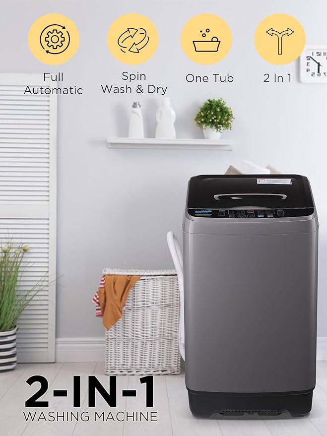 17.7 lbs Full-Automatic Washing Machine with LED Display, Portable Compact Laundry Washer with Drain Pump, 10 Wash Programs 8 Water Levels, Grey-Ruum Studio Home