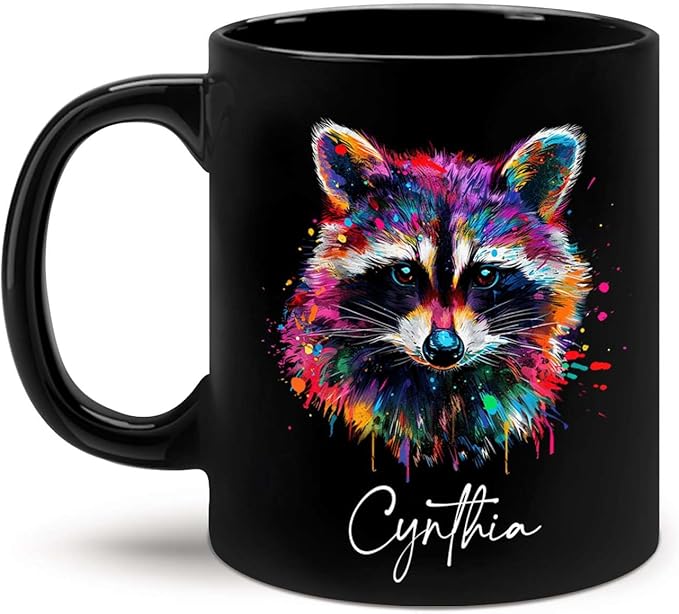 Colorful Raccoon Black Mug, Custom Choose Name Raccoon Coffee Cup, Gift For Men Women, Personalized Animal Lover Ceramic Mug, Customized Animal Design Cup 11oz 15oz-Ruum Studio Home