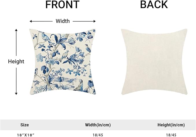 CXMEIFLY Navy Blue Spring Floral Pillow Covers 18 x 18 Inch Set of 2 for Chinoiserie Flowers Bird Decor Throw Pillows Vintage Plant Outdoor Decorative Cushion Cases for Couch Bed Decorations-Ruum Studio Home