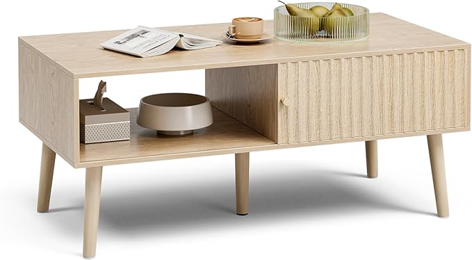 Coffee Table with Storage, Boho Dining Table with Sliding Fluted Door and Solid Wood Legs, Small Coffee Tables for Living Room, Oak-Ruum Studio Home