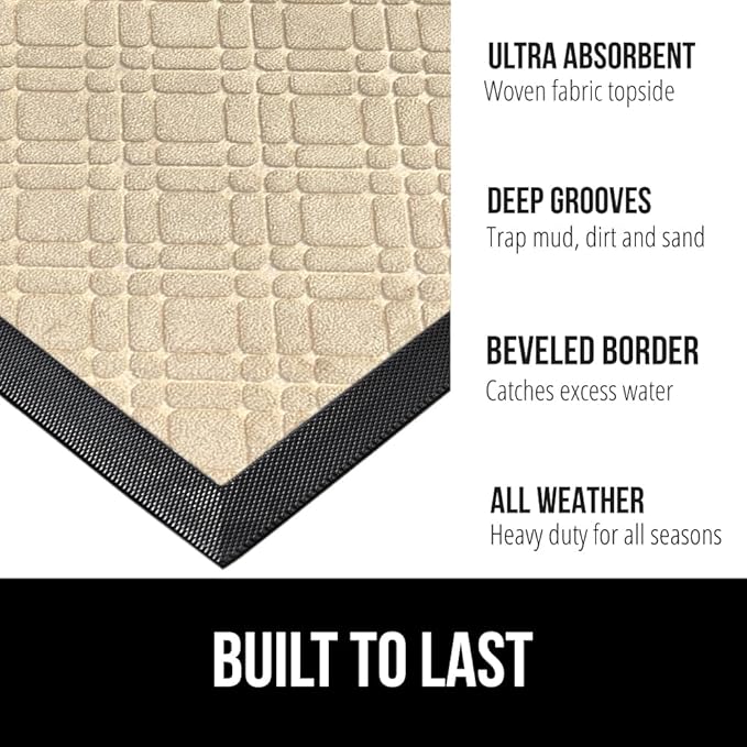 GORILLA GRIP 100% Waterproof All-Season WeatherMax Doormat 35x23, US Designed Natural Rubber, Stain and Fade Resistant, Low Profile Indoor Outdoor Door Mats, Easy Clean Patio Mat, Modern Latte-Ruum Studio Home