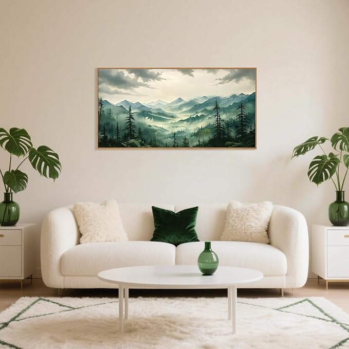 Celestdeco Green Foggy Mountain Framed Canvas Wall Art Set, Misty Forest Wall Decor, Watercolor Pine Tree Wall Painting, Large Nature Landscape Art Print for Living Room, Bedroom, Office - 20"X40"-Ruum Studio Home