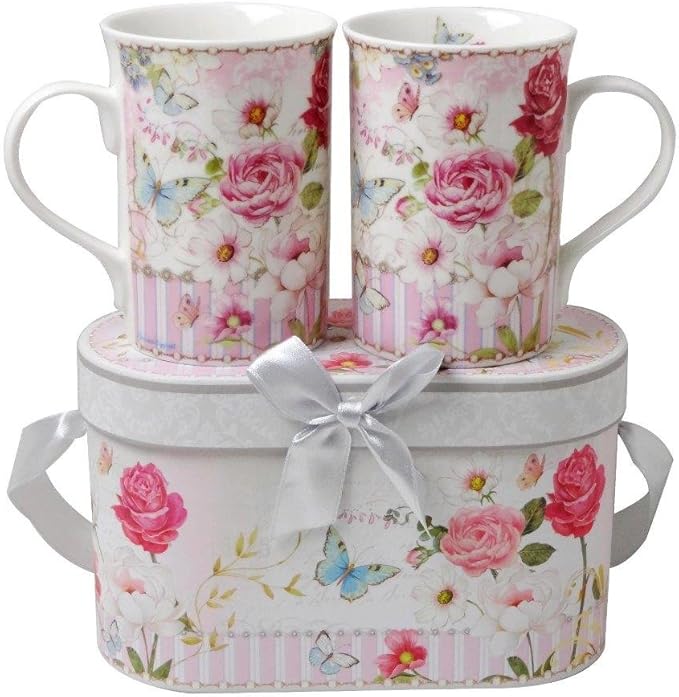 Lightahead Elegent Bone China 2 Coffee Tea Mugs set floral Design in attractive gift box 11 oz each-Ruum Studio Home