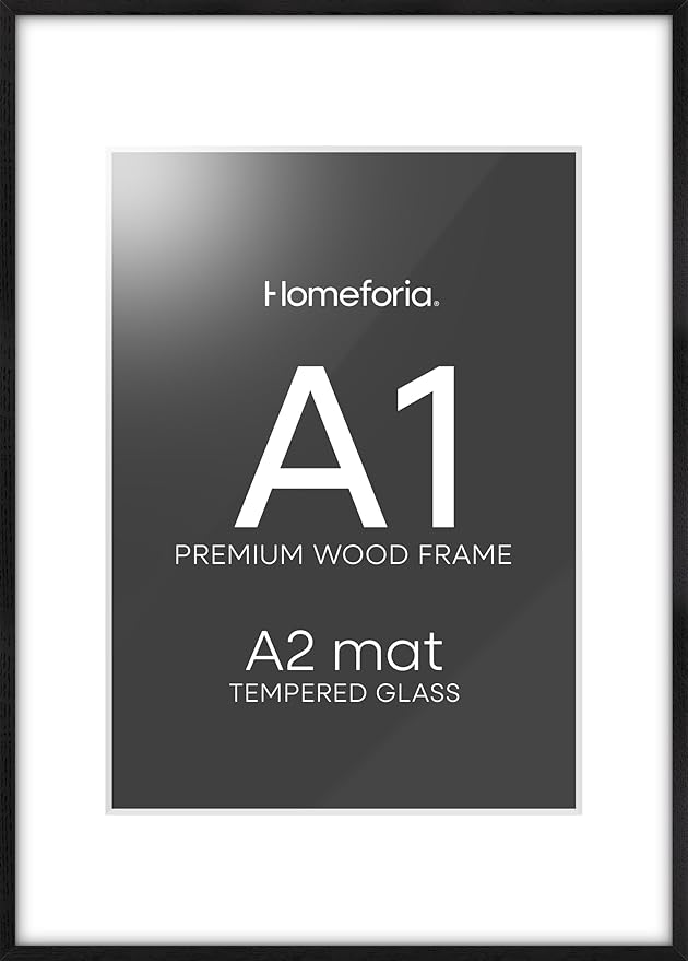 Homeforia Black Wood A1 Frame, High End Oak 23.4 x 33.1 Black Wooden Poster Frames Matted to 16.5 by 23.4 inches Photo, A1 Size Large Wood Picture Frame with Mat A2, Tempered Glass, Wall Kit, Set of 1-Ruum Studio Home