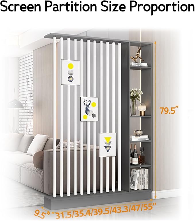 Wall Room Divider, Storage Cabinet Storage Display with Shelves, Modern Freestanding Wood Room Divider Screen, Wall Privacy Screens for Home Decorative (Grey+White,31.5" L x 9.5" W x 79.5" H)-Ruum Studio Home