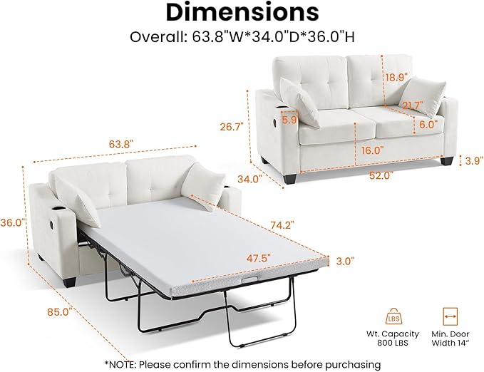 Pull Out Sofa Bed, Full Size Sleeper Sofa, 2-in-1 Convertible Corduroy Couch with USB Charging, Memory Form Couch for Living Room, Apartment and Small Space (Beige, Chenille - Full Size)-Ruum Studio Home