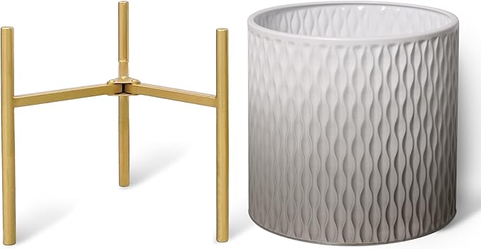 ARNIS Plants Pots with Stand,Set of 2 Flower Pots, Unique Mid Century Decorative Metal Flower Pots with Drainage,10.5&12.25 Inch, Grey and White-Ruum Studio Home