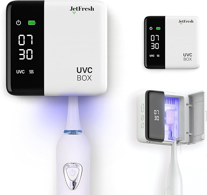 UV Toothbrush Sanitizer Holder & Cleaner with LED Clock Display & Hot Air Drying – Wall-Mounted UV Tooth Brush Holder for Bathroom Decor, Travel Use, Rechargeable Portable Design, Fits All Brushes-Ruum Studio Home