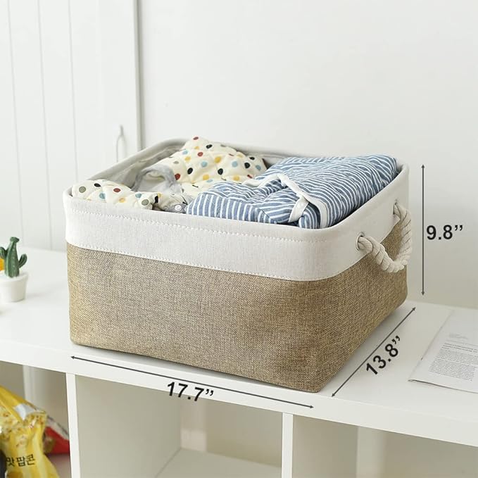 TheWarmHome Organization and Storage Basket for Organizing - X Large - 3 Pack 17.7L×13.8W×9.8H in Collapsible Storage Bin for Shelves, Fabric Basket for Gifts Organizer Toy Closet (White & Khaki)-Ruum Studio Home