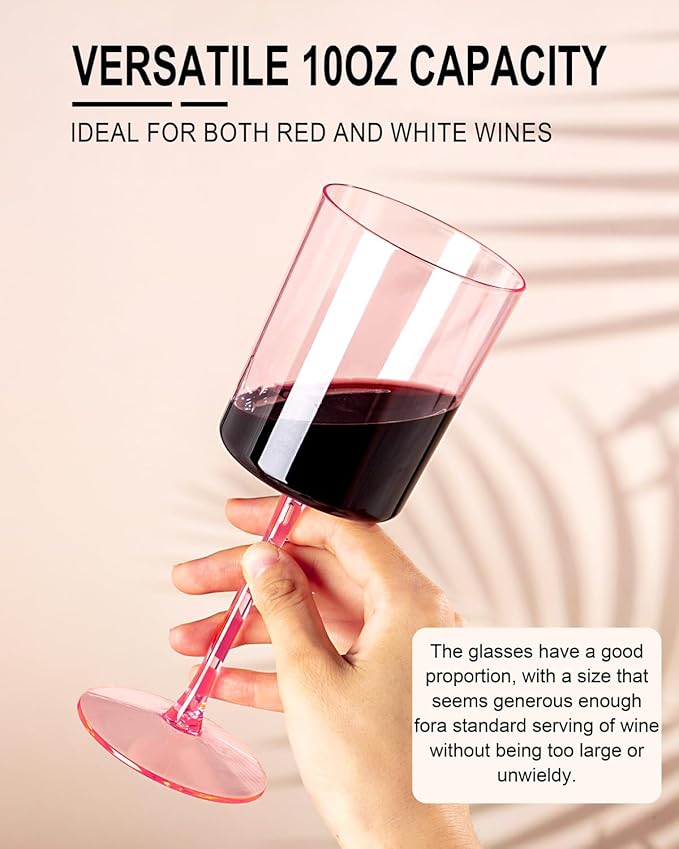 Ciaell 12 Pack Pink Plastic Wine Glasses - 10 Oz Disposable Wine Glasses with Stem for Parties & Weddings & Poolside & Outdoors & Camping-Ruum Studio Home