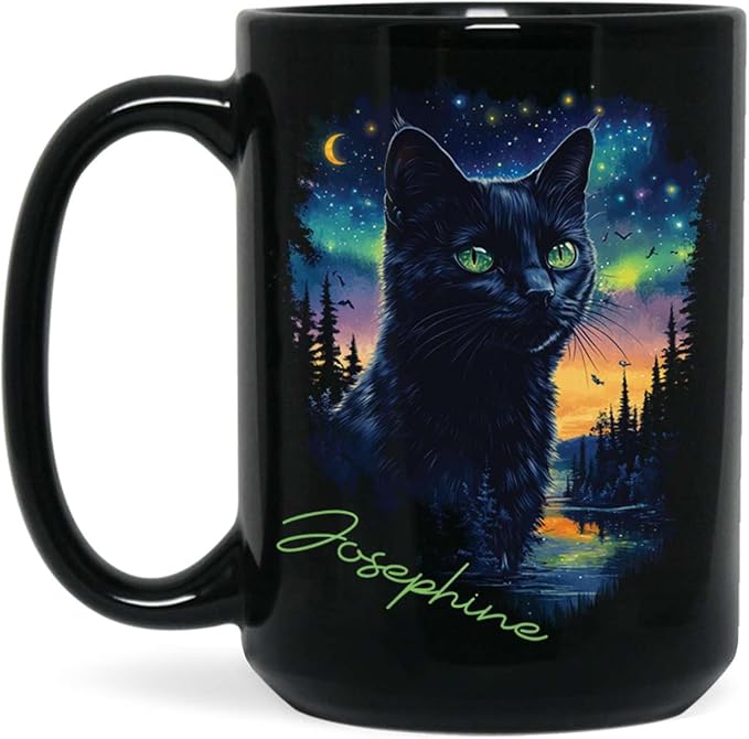Custom Cute Cat Coffee Mug With Northern Lights, Customized Name Ceramic Mug 11oz 15oz, Beautiful Nature Scene Mug, Personalized Animal Lovers Black Cup, Gift For Pet Enthusiasts-Ruum Studio Home