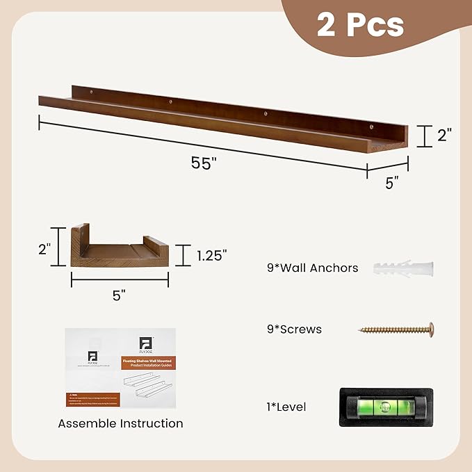 Picture Ledge Shelf, Floating Shelves Set of 2, Solid Pine Wood 55'' Long Large Nursery Book Shelves for Toys Storage, Kids Bookshelf for Living Room Bedroom Decor Books Photo Frames, Walnut-Ruum Studio Home