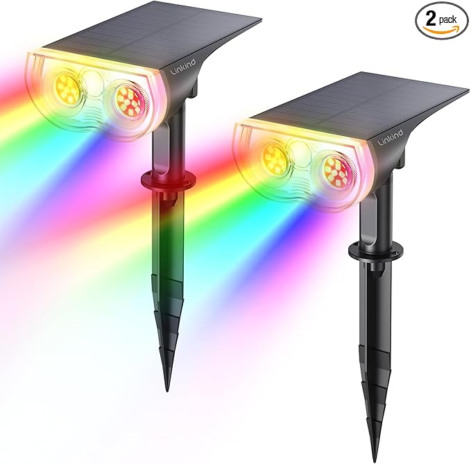 Linkind Solar Lights Outdoor Waterproof IP67, StarRay RGB Solar Spot Lights Outdoor, Color Changing Outdoor Solar Lights for Yard, Garden, Pathway, Decorations (Multicolor, 2 Pack)-Ruum Studio Home