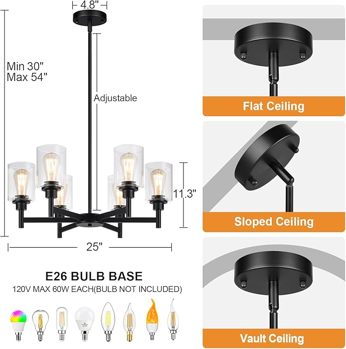 Black Chandeliers, 6 Light Dining Room Light Fixtures Over Table, Farmhouse Chandeliers for Dining Room with Clear Glass Shade for Kitchen Island Living Room Bedroom Bathroom, Height Adjustable-Ruum Studio Home