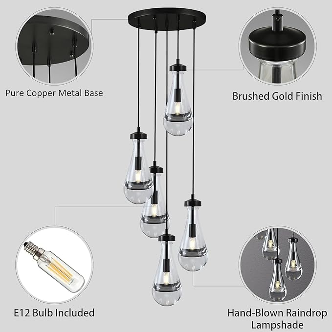 Bronze 5 Light Raindrop Chandeliers, Black Cluster Pendant Light Teardrop Dining Room Light Fixture Pendant Lights Kitchen Island, Hanging Ceiling Pendant Lighting for Entryway Living Room-Ruum Studio Home