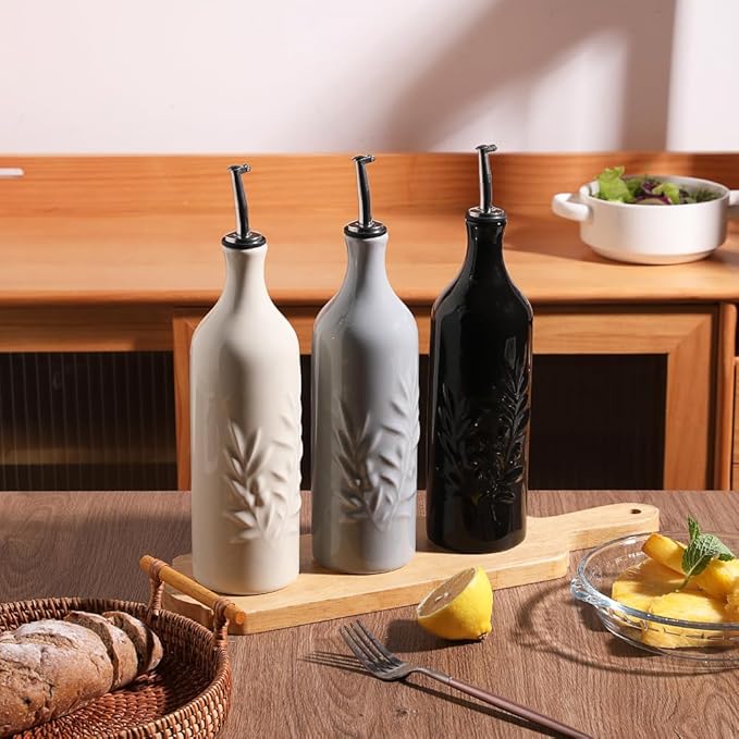 Sweejar Large Ceramic Olive Oil Dispenser Bottle, 24 Oz Relief Opaque Oil Cruet Protects Oil To Reduce Oxidation, Storage Vinegar, Soy Sauce, Coffee Syrup, Liquids, Set of 1 (Beige)-Ruum Studio Home