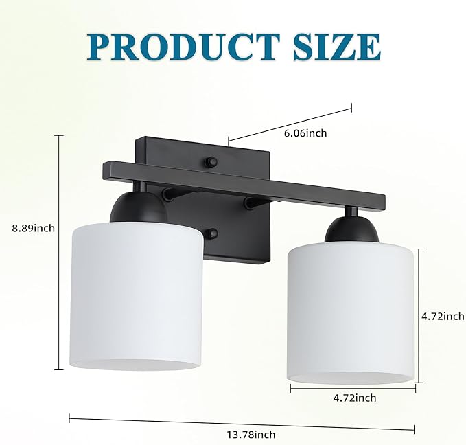 Milk Glass Vanity Lights for Bathroom, 2 Light Matte Black Bathroom Light Fixtures Over Mirror, Ceramic E26 Sockets Wall Mounted-Ruum Studio Home
