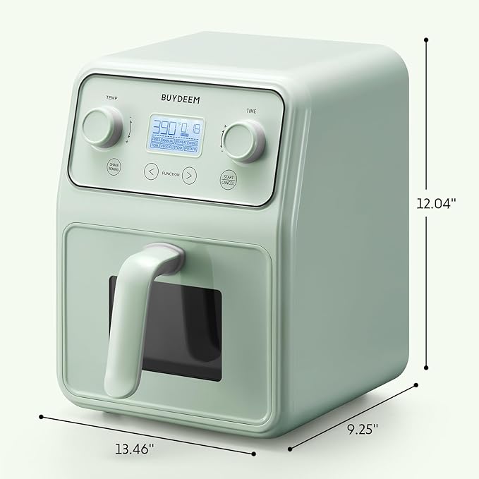 BUYDEEM F51 8-in-1 Air Fryer 4.2QT, Retro Countertop Airfryer Oven with Visible Window, Shake Reminder, One-touch Control with LCD Display, Cozy Greenish-Ruum Studio Home