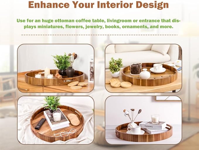 Extra Large Round Ottoman Coffee Table Tray, 22" Big Kitchen Serving Trays for Huge Ottoman Counter Giant Decorative Organizer, Huge Wood Serveware Tray with Built-in Handle for Big Job-Ruum Studio Home