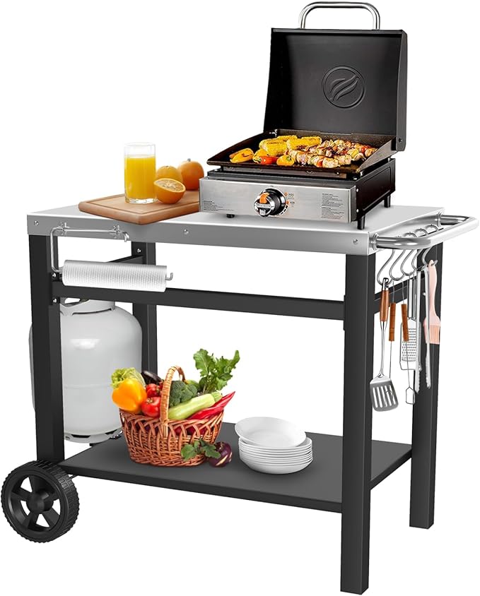 Outdoor Grill Table, Movable Dining Cart, Pizza Oven Table Stand, Double-Shelf Grill Stand, Food Prep and Work Cart with Wheels, Hooks, Fits for Blackstone Ninja-Ruum Studio Home