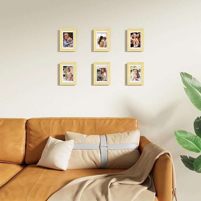 Vittanly 4x6 Picture Frames Set of 9, Shatter Resistant Plexiglass, Display 3.5x5 Pictures with Mat or 4x6 without Mat, Photo Frames for Wall or Tabletop, Engineered Wood, Gold-Ruum Studio Home