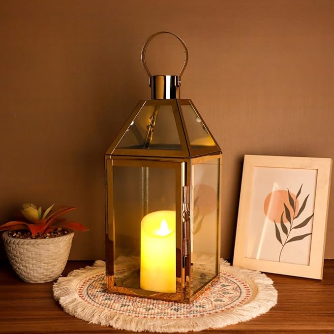 JHY Design Gold Decorative Lanterns 16" H Stainless Steel Candle Lanterns with Tempered Glass for Indoor Outdoor Events Parities and Weddings-Ruum Studio Home
