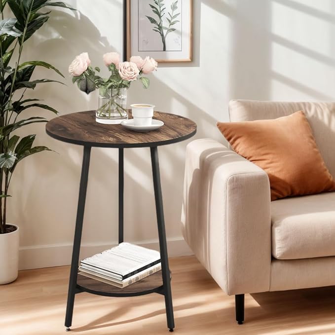 Side Table - Round Accent End Tables - Vintage Wood Color Tables for Sofa Living Room Bedroom Bedside Coffee Small Spaces - Waterproof Metal Frame, Scratch-Resistant - Easy Assembly-Ruum Studio Home
