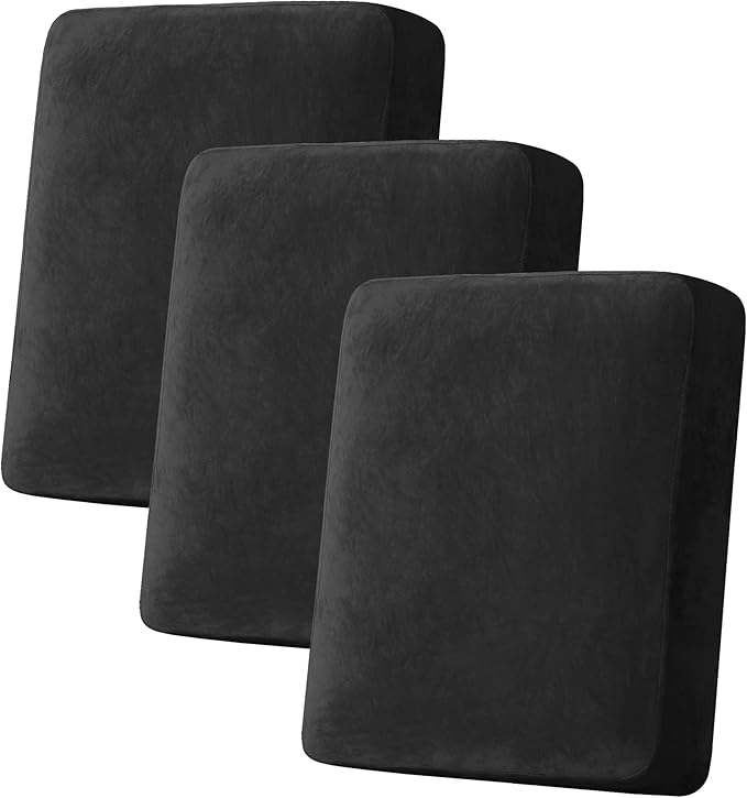 H.VERSAILTEX Velvet Stretch Couch Cushion Cover Plush Cushion Slipcover for Chair Loveseat Sofa Cushion Furniture Protector Seat Cushion Sofa Cover (3 Piece Sofa Cushion Covers, Black)-Ruum Studio Home