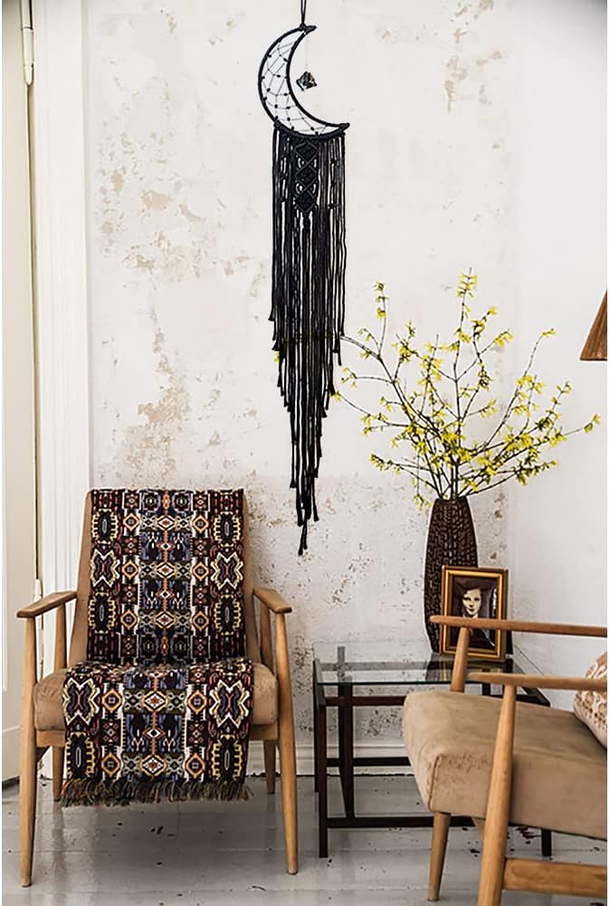 MOONFLY Black Moon Dream Catcher with Handmade Crystal Stone Design Woven Cotton Dream Catchers Boho Macrame Wall Hanging Home Decoration Ornament Craft Gift (Black Crystal Stone Moon)-Ruum Studio Home