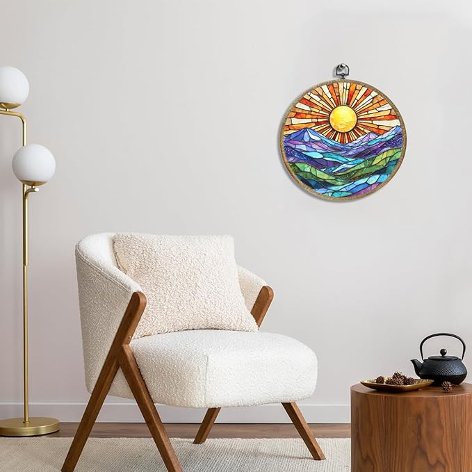 Colorful Mountain Sunset Bohemian Style Rainbow Sunrise Art Gift Framed Round Wall Decor Canvas Wall Art Hanging Prints Artwork for Home Nursery Bedroom Door Office Porch Decorations 10.2X10.2 Inch-Ruum Studio Home