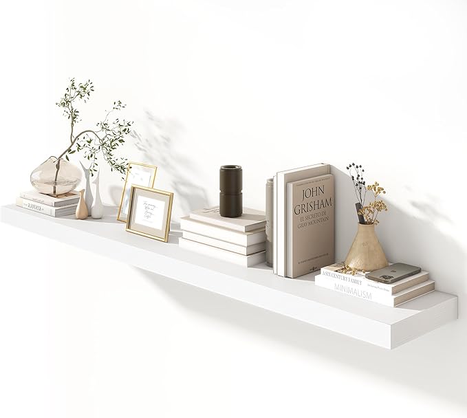 White Floating Shelves for Wall - 72 Inch Wide x 12 Inch Deep Wall Shelves Set of 1 - Rustic White Wood Shelves for Living Room, Bathroom, Laundry Room, Bedroom, Kitchen, Home Office-Ruum Studio Home