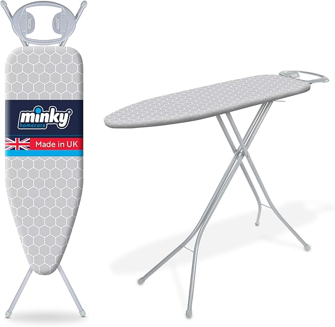 Minky Homecare Classic 4-Leg Ironing Board with Iron Rest - Freestanding Full Size Iron Board for Clothes Pressing with 43" x 14" Surface - Grey Honeycomb-Ruum Studio Home