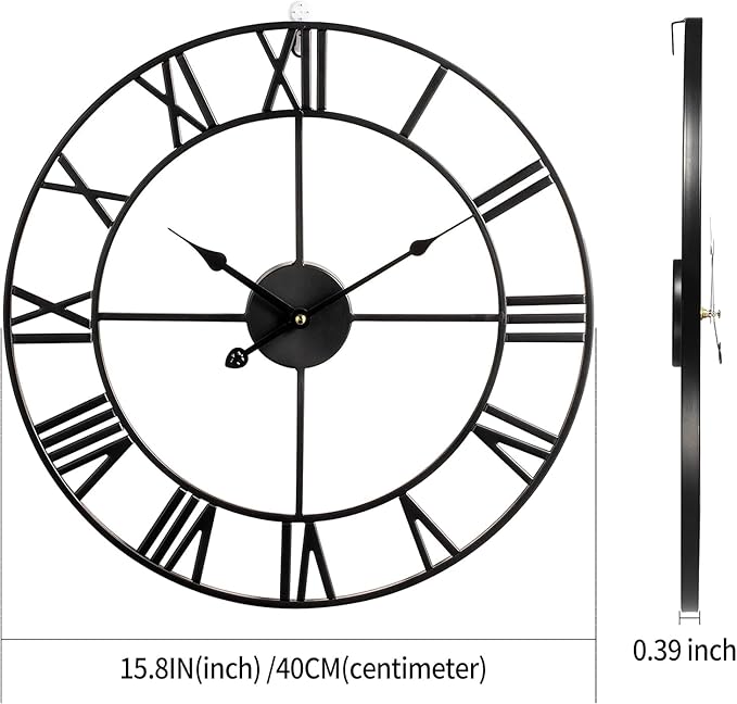 LEIKE 16" Large Wall Clocks Battery Operated, Round Modern Silent Non-Ticking Black Metal Wall Clock for Living Room Decor, Bedroom Kitchen (40cm Diameter, Black Roman Number)-Ruum Studio Home
