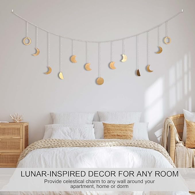 Moon Phase Wall Decor with LED String Light, 13 Gold Wood Boho Wall Hanging Decor Mood Garland 56'' - Celestial Phases Moon Decor in Bohemian Style for Bedroom Home Living Room-Ruum Studio Home