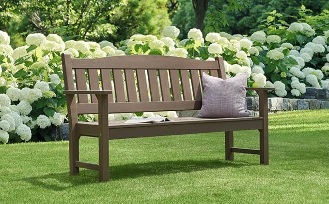 Psilvam 3-Person Outdoor Memorial Bench, All-Weather Poly Lumber Garden Bench, Rot-Resistant Outdoor Patio Bench for Park,Porch,and Church(Brown)-Ruum Studio Home