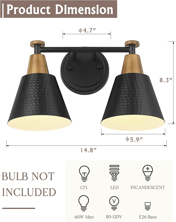 FEMILA Black Bathroom Light Fixtures, 2-Light Bathroom Vanity Lights Over Mirror with Hammered Metal Shade, Modern Wall Sconces Lighting for Kitchen Bedroom Living Room, 4FG59B-2W BK-Ruum Studio Home
