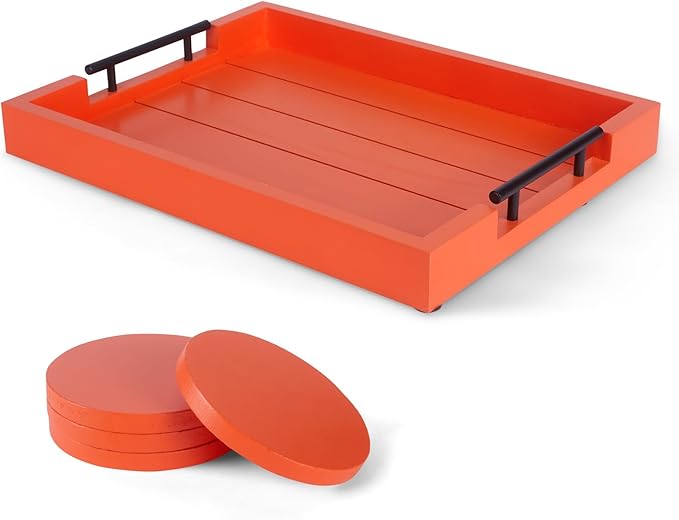 Ottoman With Handle for Living Room - Set of 4 Natural Wooden Coasters - Rustic Serving Tray for Coffee Table - Kitchen Decorative Tray With Handles (Orange)-Ruum Studio Home