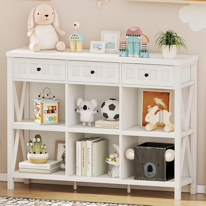FATORRI 6 Cube Storage Bookshelf with 3 Drawers, Long Horizontal Bookcase, Modern Cubby Organizer Shelf (White Oak, 47 Inch)-Ruum Studio Home
