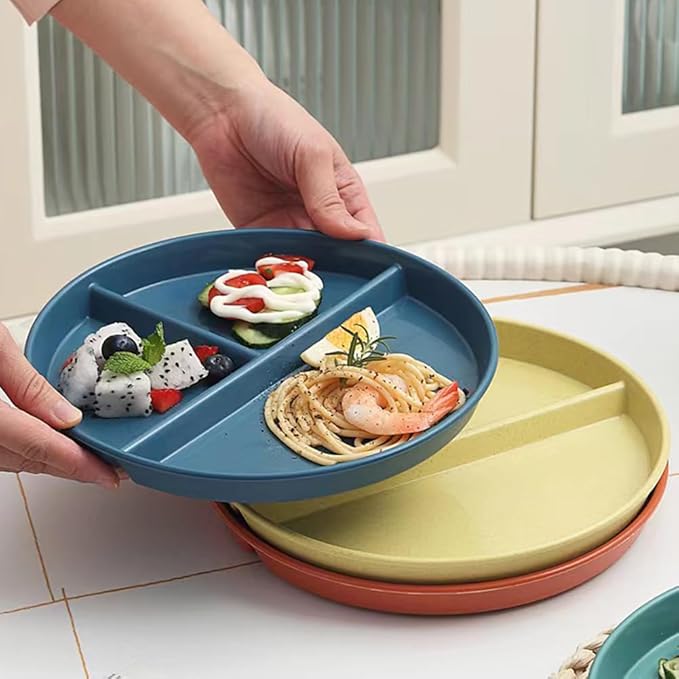 9" Unbreakable Divided Plates Set of 5, Wheat Straw Plate Reusable Dinnerware Portion Control Plate, Round Bariatric Plastic Plate for Kids Adults, BPA-free, Dishwasher Safe-Ruum Studio Home