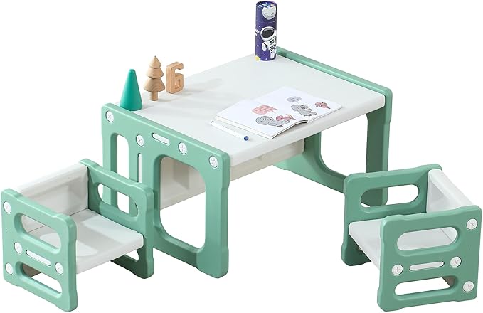 3 in 1 Montessori Weaning Table and 2 Chairs Set, Kids Activity Table Set, 2 Height Levels, Toddlers Activity Table for Drawing, Dining, Reading and Playing, Green-Ruum Studio Home