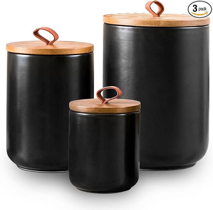 Black Ceramic Canister Set, 3pcs Ceramic Kitchen Canisters for Countertop with Airtight Wood Lids, Large Flour and Sugar Containers for Coffee, Tea, Spice-Ruum Studio Home