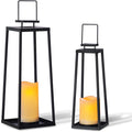 Solar Lantern Decorative Outdoor Set of 2 (18’’ & 15’’) Modern Black Metal Lanterns with Solar Candles, Decorative Candle Lanterns for Outdoor Porch, Patio, Garden, Yard Decor-Ruum Studio Home