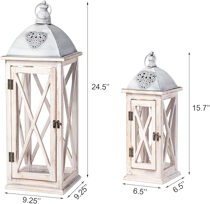 Set of 2 Large Farmhouse Wooden Metal Lanterns, Rustic Decorative Floor Candle Lanterns, Whitewash Distressed Hanging Lanterns for Home Decor (No Glass)-Ruum Studio Home