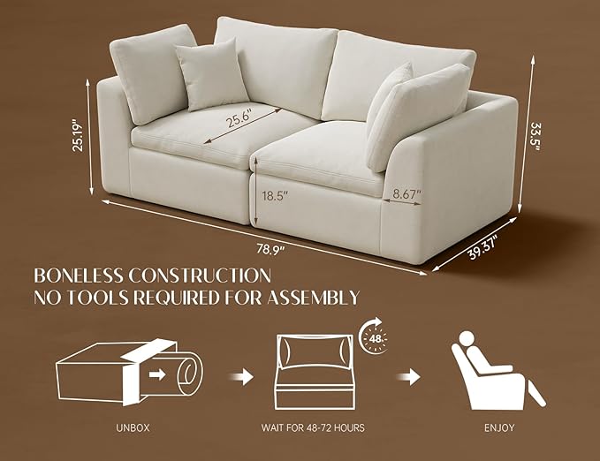 78.9" Loveseat Sofa, Cloud Boneless Couches for Living Room, Modern Modular Sectional Sofa, Oversized, Warm White-Ruum Studio Home